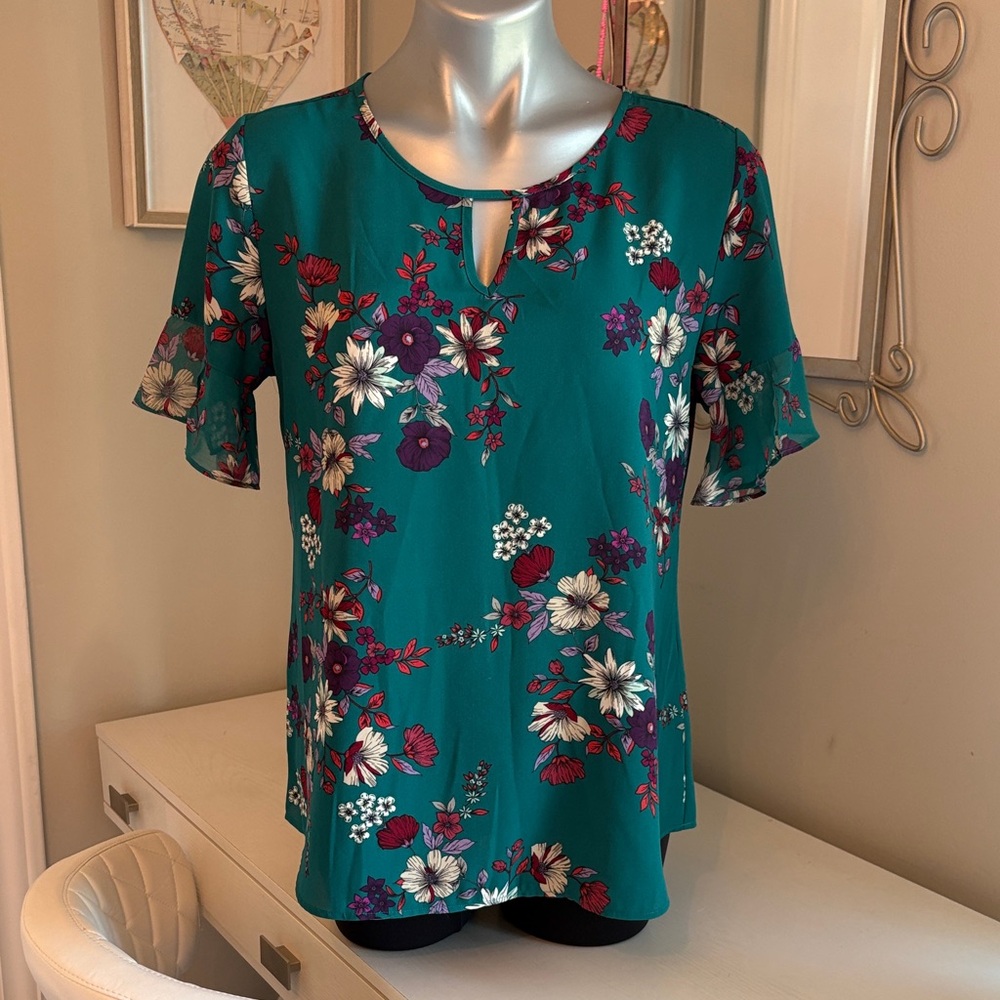 Van Heusen Teal Floral Blouse Spring Top